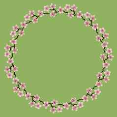 色彩斑斓的花花环精致的花环樱花分支机构花开花手画圆框架粉红色的颜色花橄榄Copyspace设计邀请婚礼邀请问候卡片
