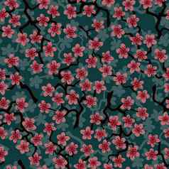 无缝的模式开花日本樱桃樱花分支机构织物包装壁纸纺织装饰设计邀请打印礼物包装制造业粉红色的花橄榄背景