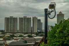 现代监测相机城市景观背景墙概念监测视觉检查发达