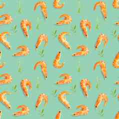 老虎虾无缝的模式使虾孤立的绿色背景海鲜无缝的模式虾海鲜模式