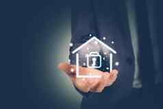 安全系统首页保护家庭安全访问数字住宅财产真正的房地产安全保险。标志虚拟锁隐私房子业务概念