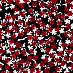 无缝的模式开花日本樱桃樱花分支机构织物包装壁纸纺织装饰设计邀请礼物包装制造业红色的白色花黑色的背景