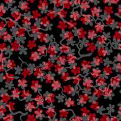 无缝的模式开花日本樱桃樱花分支机构织物包装壁纸纺织装饰设计邀请礼物包装制造业红色的灰色的花黑色的背景