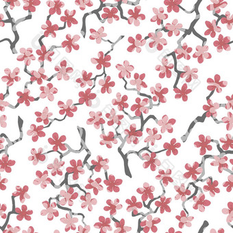 无缝的模式开花日本樱桃樱花分支机构织物包装壁纸纺织装饰设计邀请礼物包装制造业粉红色的大马哈鱼花白色背景