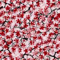 无缝的模式开花日本樱桃樱花分支机构织物包装壁纸纺织装饰设计邀请礼物包装制造业粉红色的红色的花大马哈鱼背景
