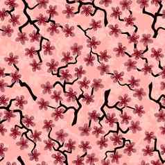 无缝的模式开花日本樱桃樱花分支机构织物包装壁纸纺织装饰设计邀请打印礼物包装制造业粉红色的花珊瑚背景