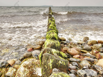 行木桩防浪堤前面多石的海滩