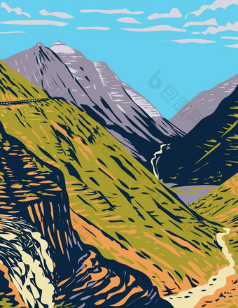 going-to-the-sun路查看洛根通过风景优美的山路岩石山位于冰川国家公园蒙大拿水渍险海报艺术