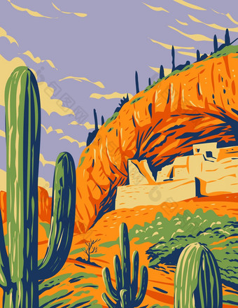 萨拉多风格悬崖居住仙人掌仙人掌傻瓜国家纪念碑迷信山位于疯了县亚利桑那州水渍险海报艺术