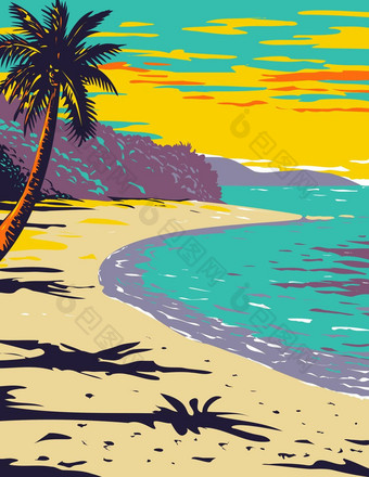 树干湾海滩位于维珍岛屿国家公园岛约翰加勒比海<strong>水渍</strong>险海报艺术