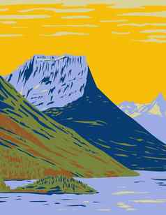 瓦特顿冰川国际和平公园联盟沃特顿湖泊国家公园加拿大冰川国家公园曼联州水渍险海报艺术