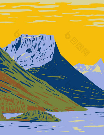 瓦特顿冰川国际和平公园联盟沃特顿湖泊国家公园加拿大冰川国家公园曼联州水渍险<strong>海报</strong>艺术