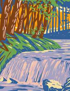 柏金溪瀑布安吉丽娜国家森林位于东德州三奥古斯汀安吉丽娜碧玉纳科县水渍险海报艺术