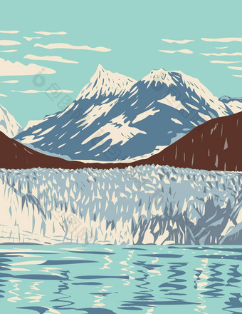 冰川湾国家公园保存潮水冰川山峡湾位于西朱诺阿拉斯加水渍险海报艺术