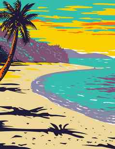 树干湾海滩位于维珍岛屿国家公园岛约翰加勒比海水渍险海报艺术
