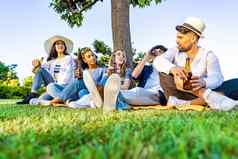 集团快乐年轻的多样化的多民族的基因人户外聚会，派对喝啤酒瓶会说话的坐着草城市公园草地朋友有趣的酒精户外