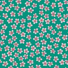 无缝的模式开花日本樱桃樱花织物包装壁纸纺织装饰设计邀请打印礼物包装制造业粉红色的花海绿色背景