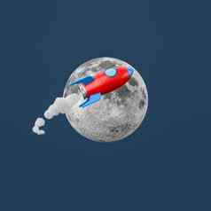 卡通宇宙飞船飞行月亮蓝色的背景