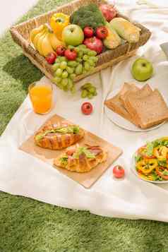 健康的食物配件户外夏天春天野餐野餐柳条篮子新鲜的水果面包玻璃让人耳目一新橙色汁野营自然背景