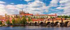布拉格风景优美的春天视图布拉格小镇码头体系结构查尔斯桥伏尔塔瓦河河布拉格czechia小镇布拉格城堡背景捷克共和国