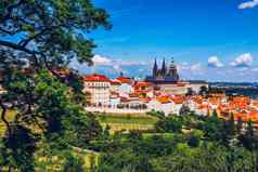 布拉格阳光明媚的一天视图小镇布拉格捷克共和国风景优美的夏天视图小镇码头体系结构查尔斯桥伏尔塔瓦河河布拉格捷克共和国