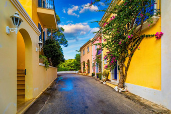 传统的街希腊房子花阿凯法利尼亚岛岛传统的色彩斑斓的希腊房子阿<strong>村</strong>盛开的樱红色植物花凯法利尼亚岛岛希腊