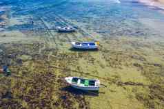 古董木船珊瑚海船无人机照片钓鱼船清晰的绿松石海洋前视图小钓鱼船停泊蓝色的清洁透明的水空中视图Peniche葡萄牙