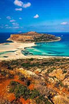 神奇的全景巴洛斯环礁湖格拉姆武萨岛克里特岛希腊帽tigani中心巴洛斯海滩克里特岛岛希腊游客放松浴水晶清晰的水巴洛斯海滩