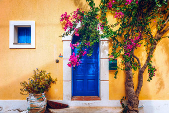 <strong>传统</strong>的街希腊<strong>房子</strong>花阿凯法利尼亚岛岛<strong>传统</strong>的色彩斑斓的希腊<strong>房子</strong>阿村盛开的樱红色植物花凯法利尼亚岛岛希腊