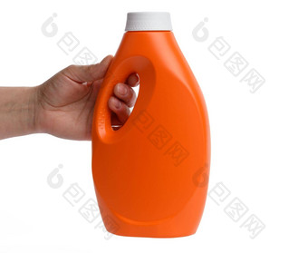 女手持有橙色塑料瓶<strong>液</strong>体<strong>洗衣</strong>洗涤剂