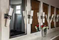 白色发光的灯安排行垂直白色墙浴室大镜子