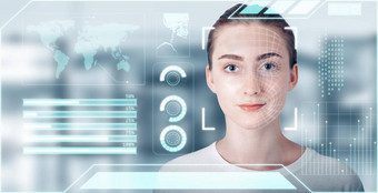 未来主义的人工情报生物识别面部识别个人识别脸扫描聪明的虚拟接口数据库技术未来识别面部访问安全扫描
