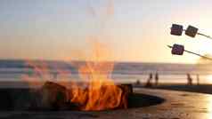 篝火坑加州美国营火海洋海海滩烤烤面包棉花糖篝火