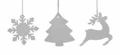 集灰色挂木点缀圣诞节树雪花鹿孤立的白色背景