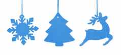 集蓝色的挂木点缀圣诞节树雪花鹿孤立的白色背景