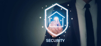 手商人推标志虚拟锁安全系统安全首页保护隐私家庭安全访问数字住宅业务未来主义的概念