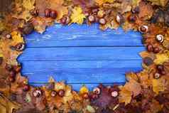 岁的蓝色的木董事会框架干棕色（的）栗叶子成熟的栗子七叶树属河马水果