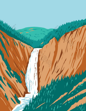 较低的黄石公园瀑布黄石公园国家公园位于怀俄明美国水渍险<strong>海报</strong>艺术