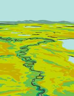 河蜿蜒苔原东南角克鲁森斯滕国家纪念碑位于阿拉斯加曼联州水渍险海报艺术