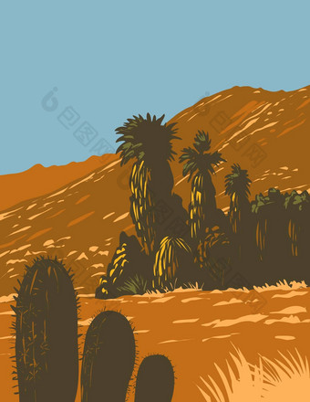 仙人掌沙漠风扇棕榈日益增长的圣诞老人蔷薇属三哈辛托山国家纪念碑棕榈沙漠加州曼联州水渍险海报艺术