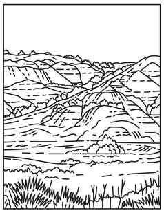 画峡谷位于西奥多。罗斯福国家公园西方北达科他曼联州单行单一险种黑色的白色行艺术
