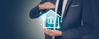 安全系统首页保护家庭安全访问数字住宅财产真正的房地产安全保险。标志虚拟锁隐私房子业务概念