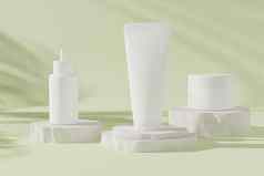 模型下降瓶乳液管奶油Jar化妆品产品广告柔和的绿色背景插图渲染