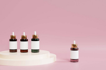 模型下降瓶标签化妆品<strong>产品广告</strong>粉红色的背景插图渲染