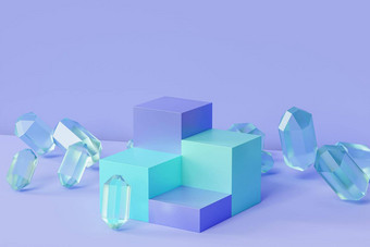 蓝色的薄荷领奖台基座产品广告玻璃晶体柔和的背景最小的插图渲染