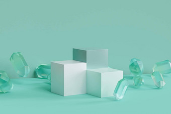 绿色薄荷领奖台基座产品广告玻璃晶体柔和的背景最小的插图渲染