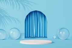 白色讲台上基座产品广告蓝色的空入口窗帘热带叶阴影最小的呈现