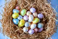 色彩斑斓的塑料复活节鸡蛋巢节日表格装饰传统的庆祝活动