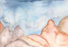 水彩手画景观蓝色的天空山