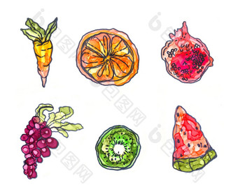 集水果蔬菜手画酒精墨水插图